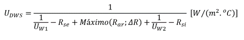 Como calcular o coeficiente de transmissão térmica do vão envidraçado com janela dupla e com os dispositivos de proteção solar ativados (UDWS) quando se verifique a existência de um dispositivo de proteção entre janelas